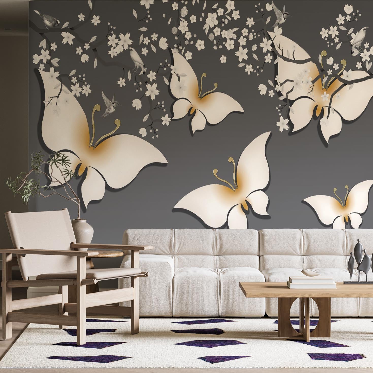 Golden Butterflies Wall Mural Floral Blossom Wallpaper