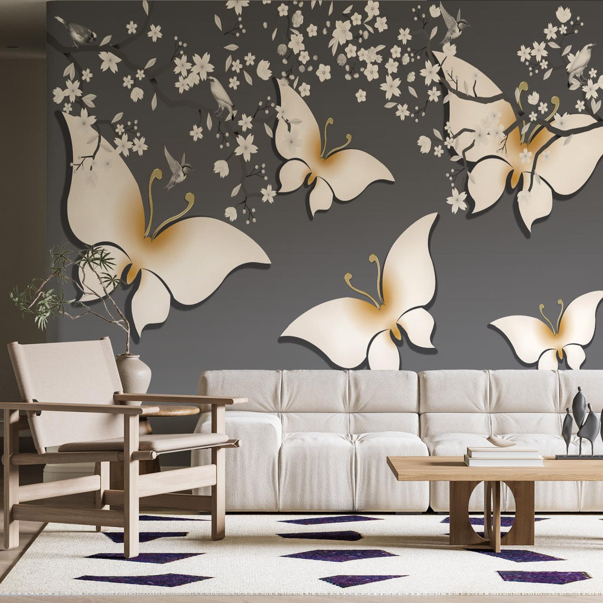 Custom Golden Butterflies Wall Mural Floral Blossom Wallpaper