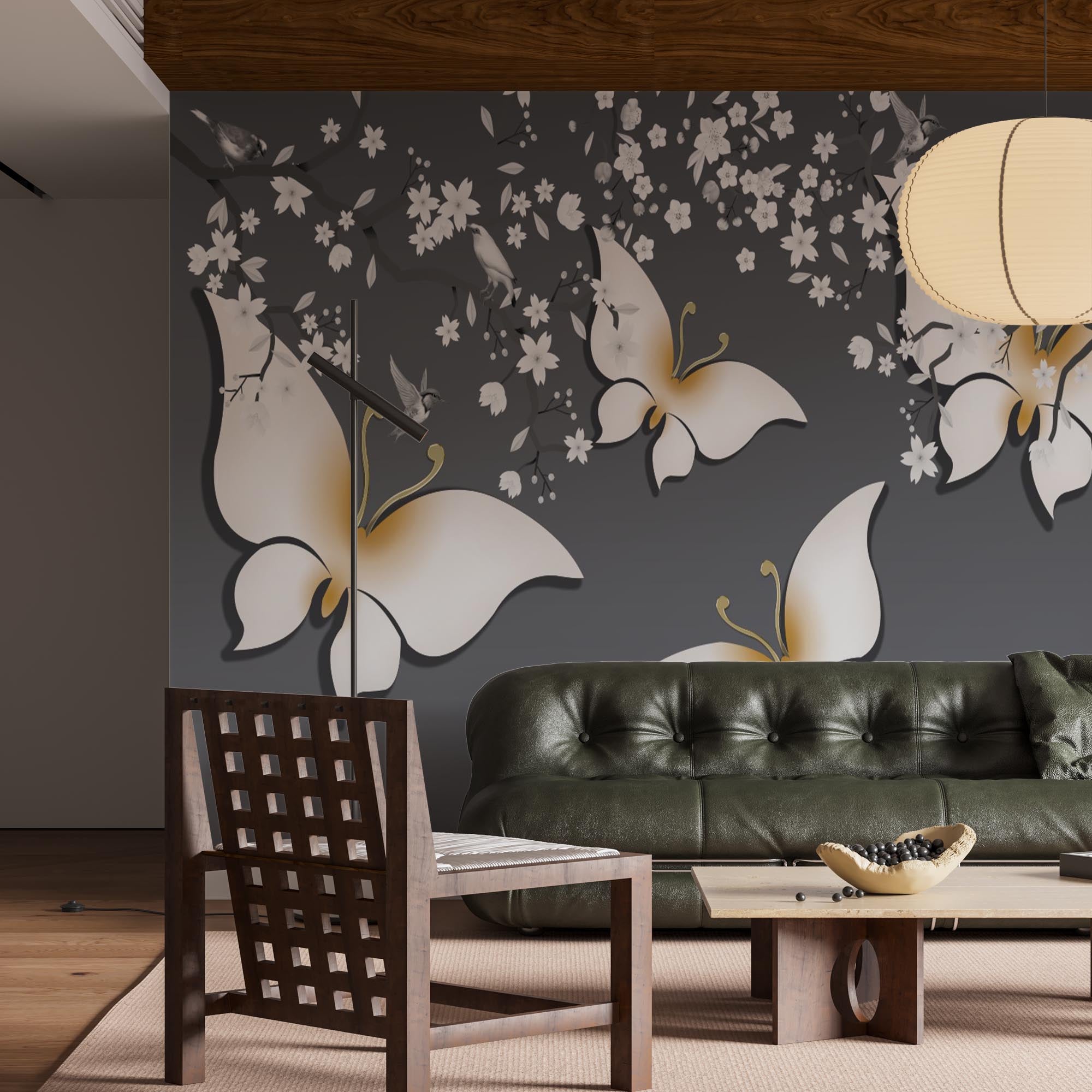 Golden Butterflies Wall Mural Floral Blossom Wallpaper