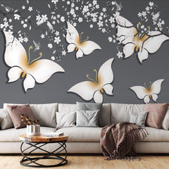 Custom Golden Butterflies Wall Mural Floral Blossom Wallpaper