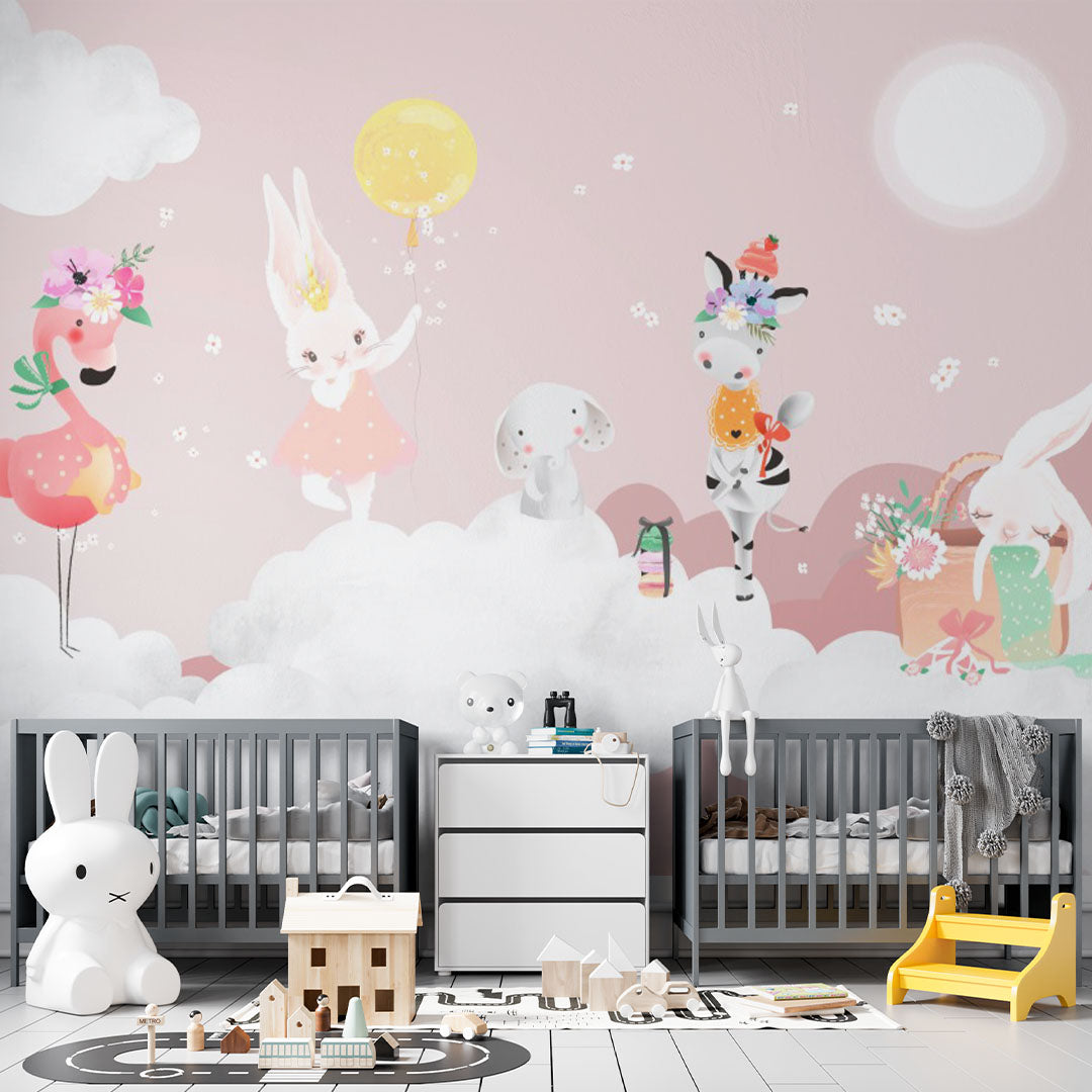 Kids Wall Mural Cartoon Animals White Clouds Pink Sky Nursery Wallpaper