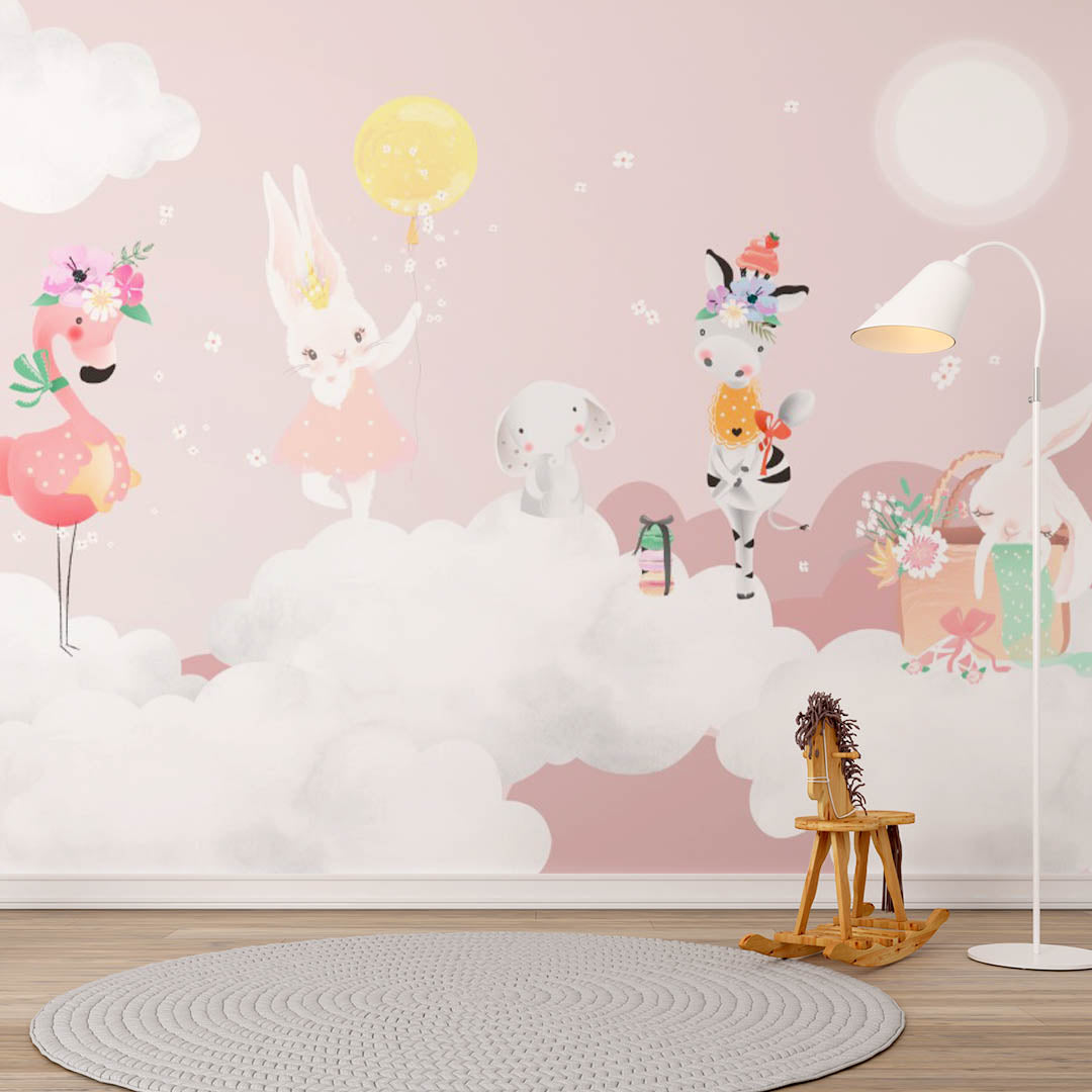 Kids Wall Mural Cartoon Animals White Clouds Pink Sky Nursery Wallpaper