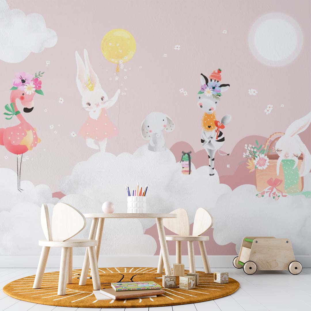 Kids Wall Mural Cartoon Animals White Clouds Pink Sky Nursery Wallpaper