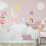 Kids Wall Mural Cartoon Animals White Clouds Pink Sky Nursery Wallpaper