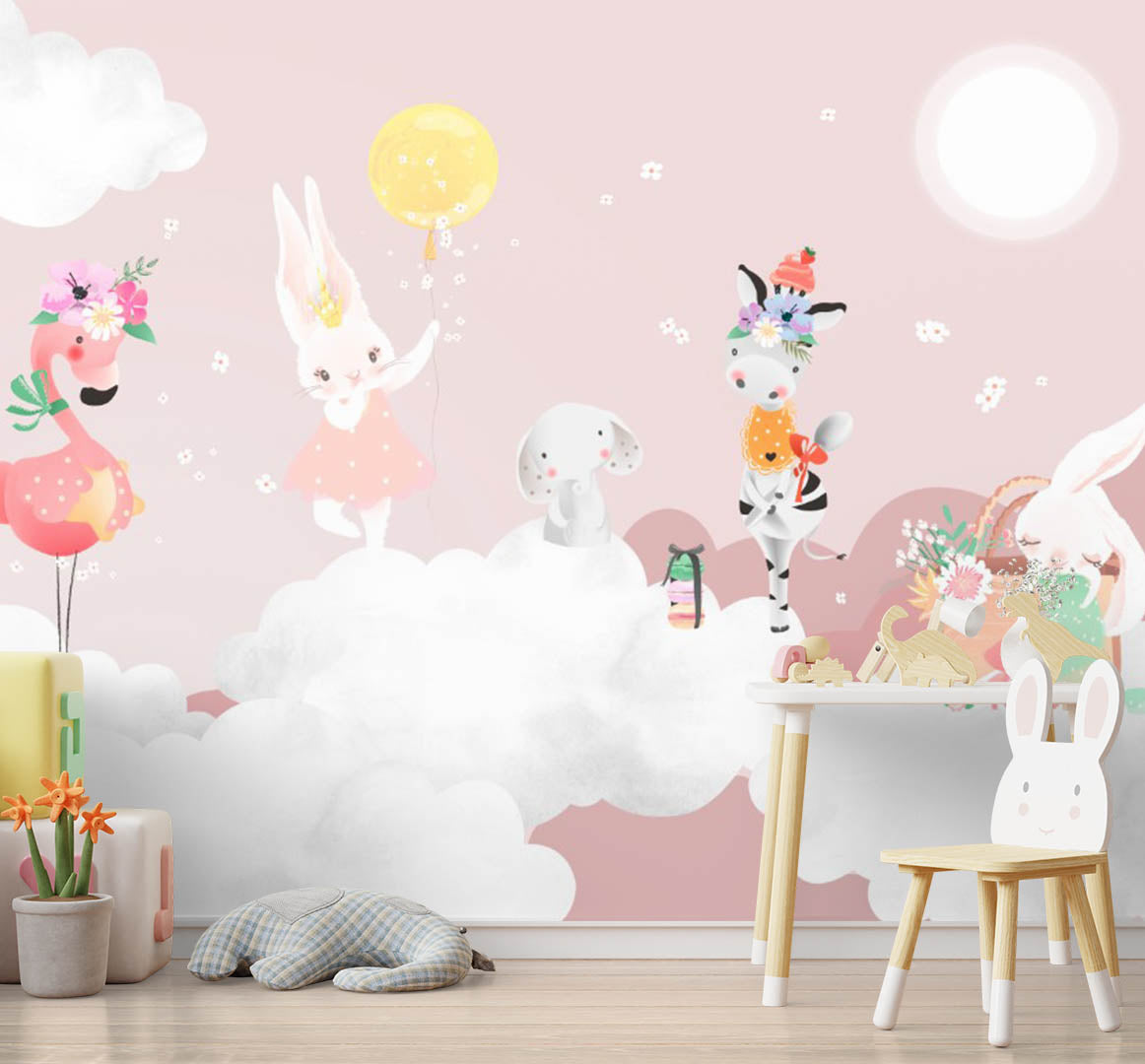 Kids Wall Mural Cartoon Animals White Clouds Pink Sky Nursery Wallpaper