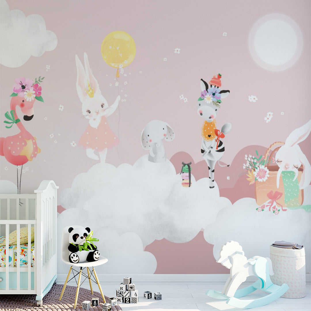 Kids Wall Mural Pink Sky Cute Animals Bunny Flamingo Clouds Wallpaper for Girls