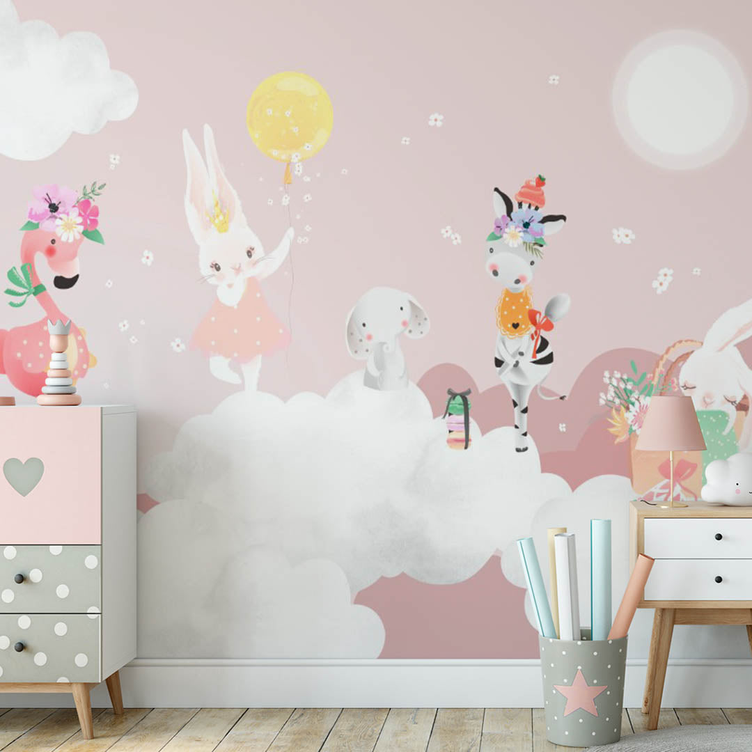 Kids Wall Mural Cartoon Animals White Clouds Pink Sky Nursery Wallpaper