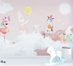 Niestandardowa fototapeta dla dzieci zwierzęta kreskówkowe białe chmury różowe niebo tapeta do pokoju dziecięcego