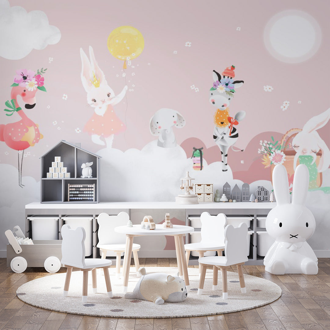 Kids Wall Mural Pink Sky Cute Animals Bunny Flamingo Clouds Wallpaper for Girls