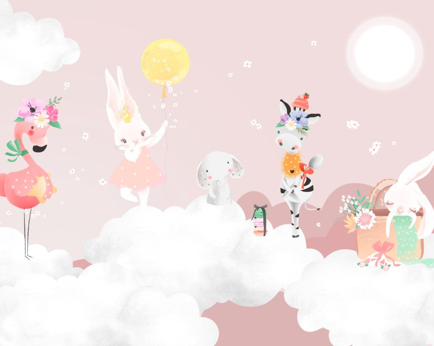 Kids Wall Mural Pink Sky Cute Animals Bunny Flamingo Clouds Wallpaper for Girls