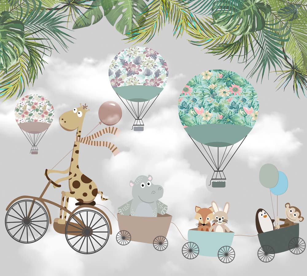 Kids Wall Mural Tropical Leaves Funny Animals Hot Air Balloons Wallpaper for Kids