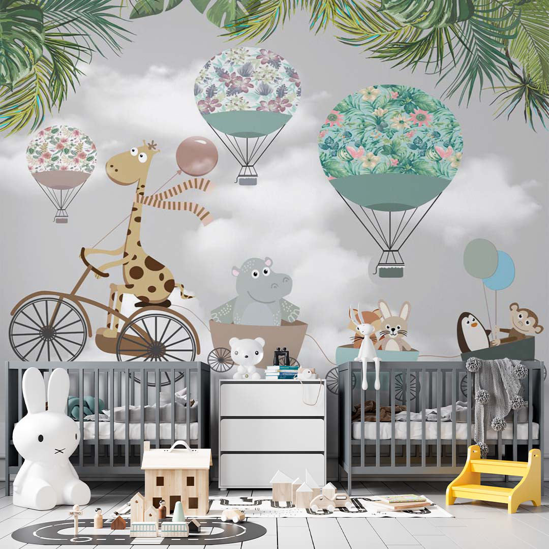 Kids Wall Mural Tropical Leaves Funny Animals Hot Air Balloons Wallpaper for Kids