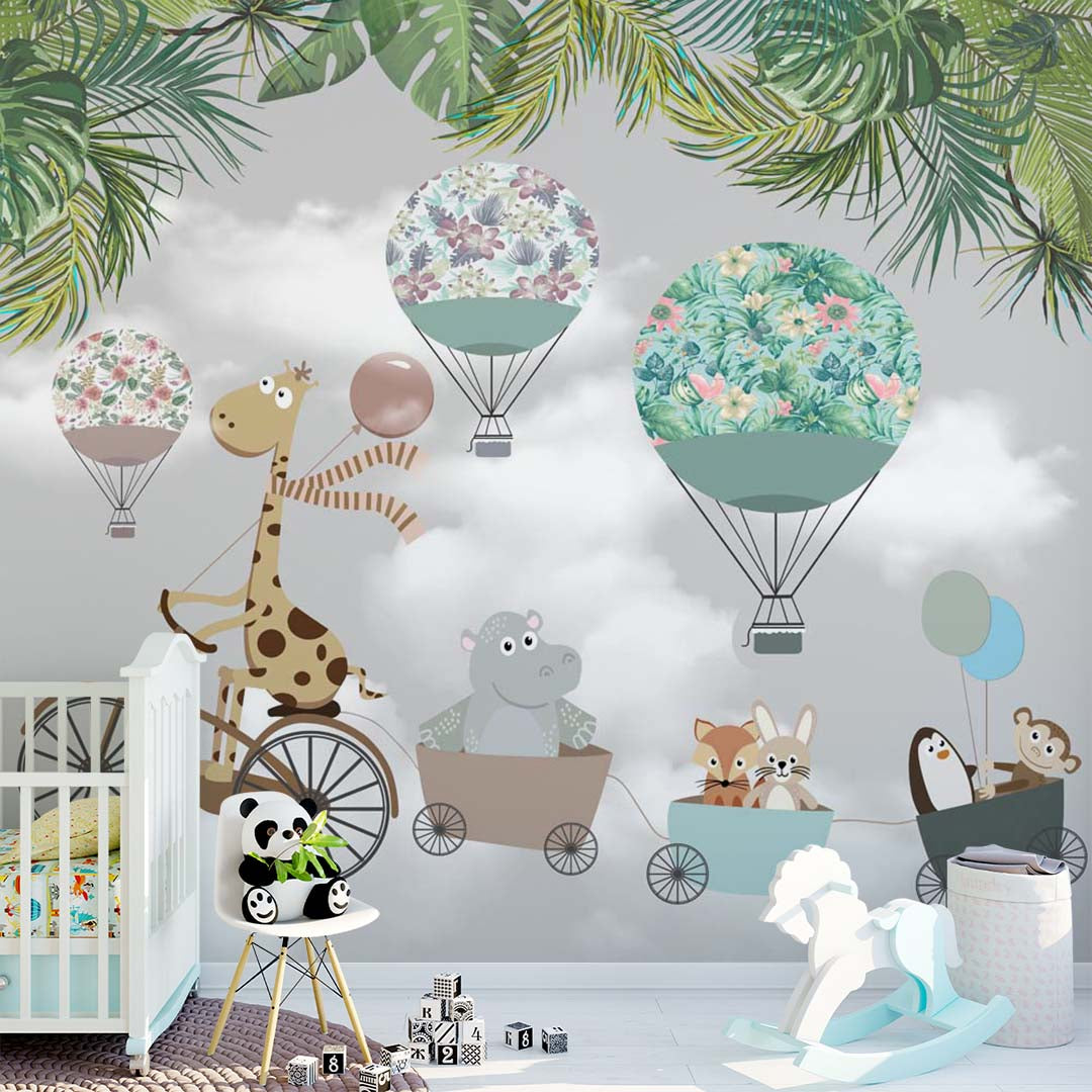 Kids Wall Mural Tropical Leaves Funny Animals Hot Air Balloons Wallpaper for Kids