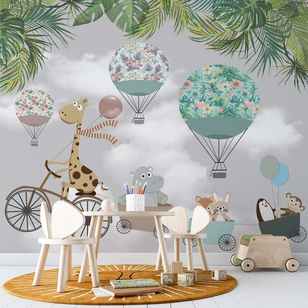 Kids Wall Mural Tropical Leaves Funny Animals Hot Air Balloons Wallpaper for Kids