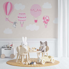 Custom Kids Wall Mural Pink Hot Air Balloons Bunny Wallpaper for Kids