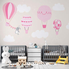 Custom Kids Wall Mural Pink Hot Air Balloons Bunny Wallpaper for Kids