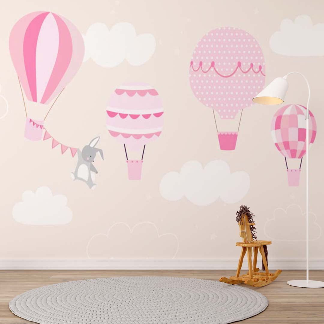 Custom Kids Wall Mural Pink Hot Air Balloons Bunny Wallpaper for Kids