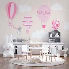 Custom Kids Wall Mural Pink Hot Air Balloons Bunny Wallpaper for Kids