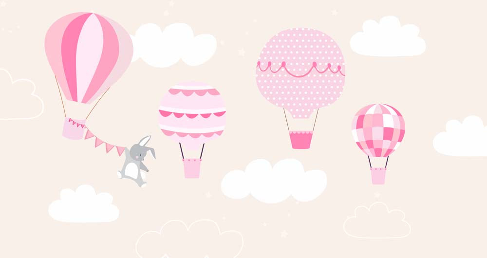 Roze luchtballonnen – konijntje en vlaggetjes voor de kinderkamer