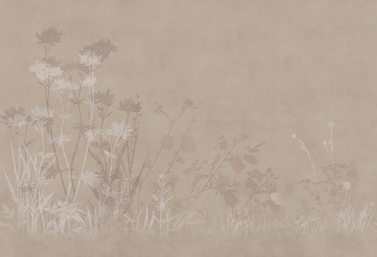 Fototapete Neutrale Wildblumen-Silhouetten – Taupe-Wiese