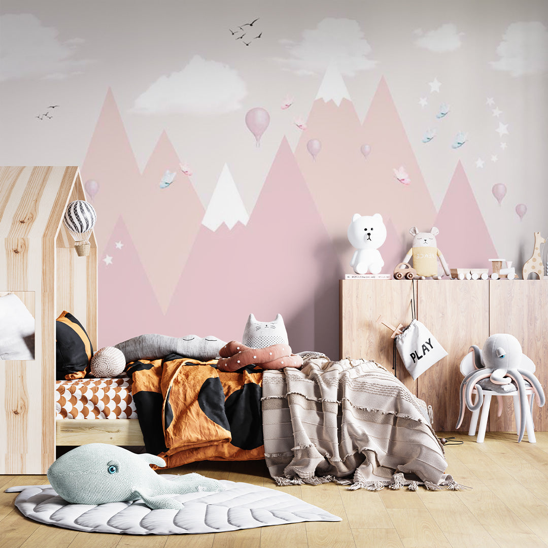 Kids Wall Murals Stars Sky Light Pink Mountains Scandinavian Wallpaper for Kids