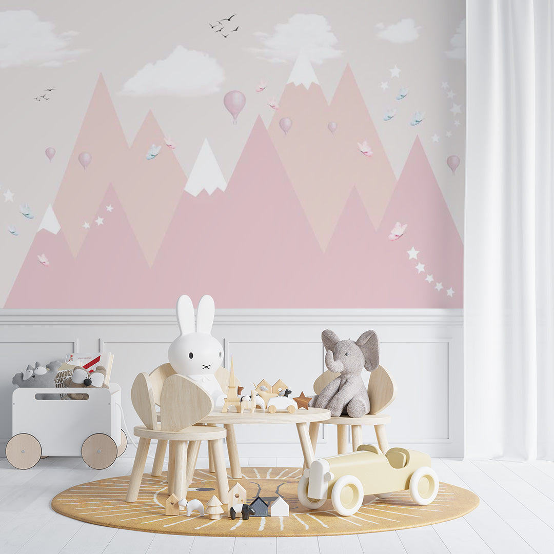 Kids Wall Murals Stars Sky Light Pink Mountains Scandinavian Wallpaper for Kids