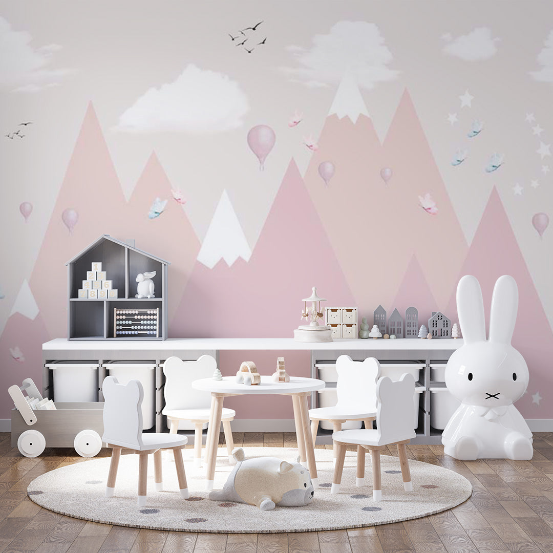 Kids Wall Murals Stars Sky Light Pink Mountains Scandinavian Wallpaper for Kids