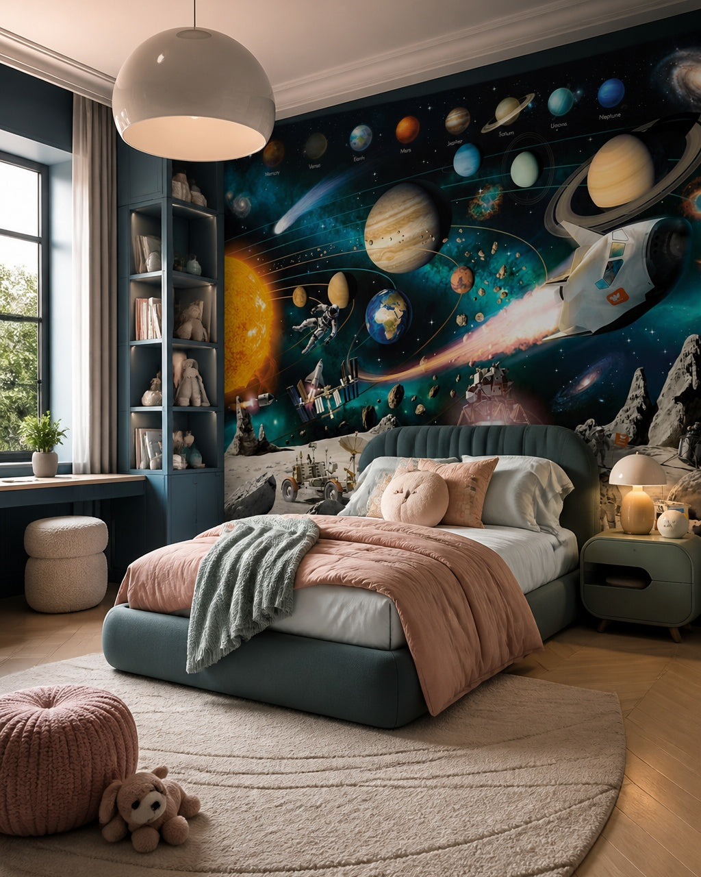 Space adventure kids wallpaper in a girls bedroom.