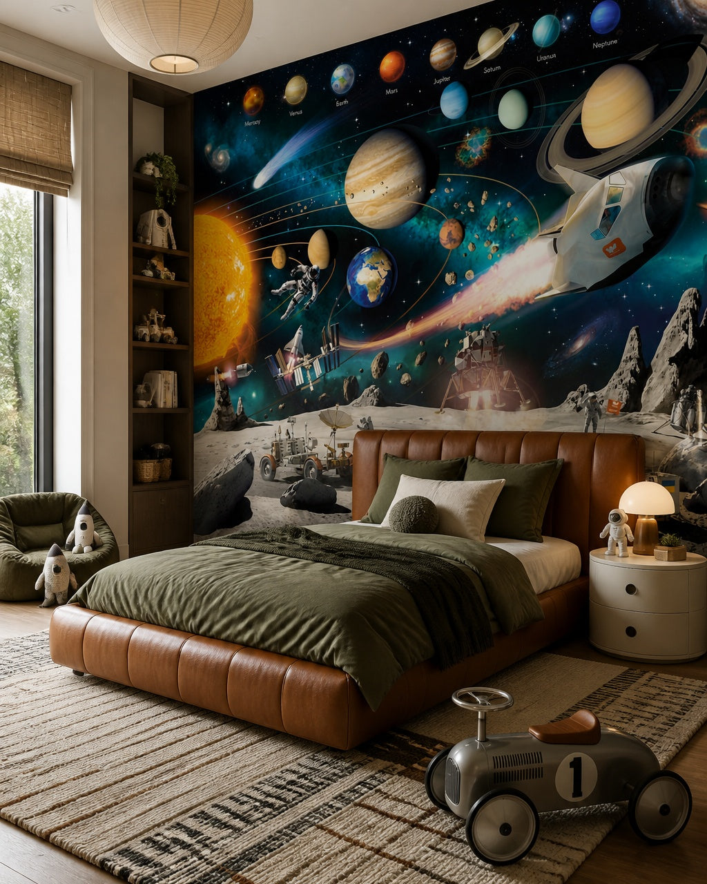 Space adventure kids wallpaper in a boys bedroom.