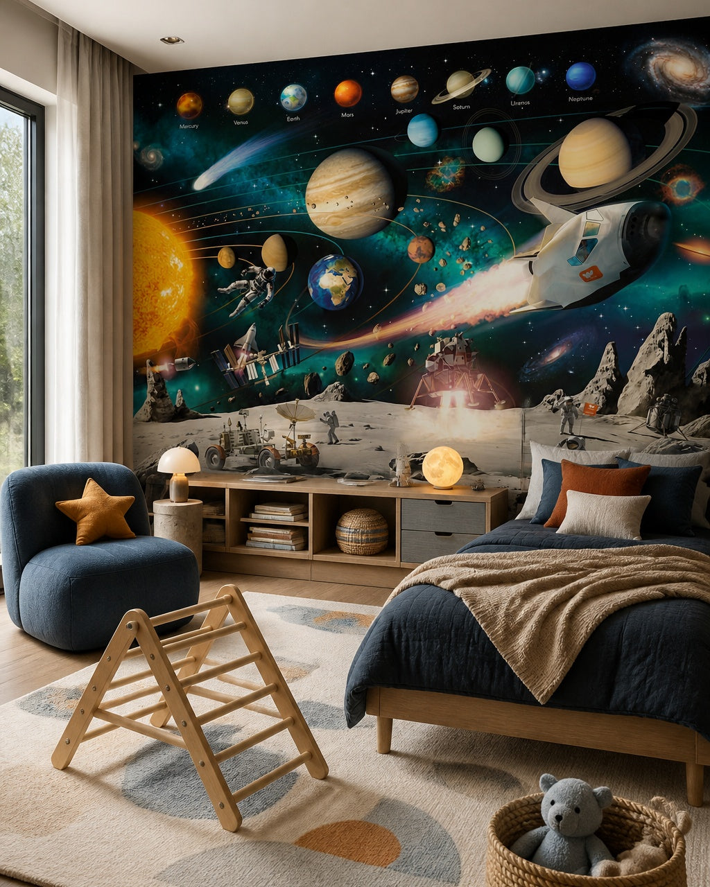 Space adventure kids wallpaper in a kids bedroom.