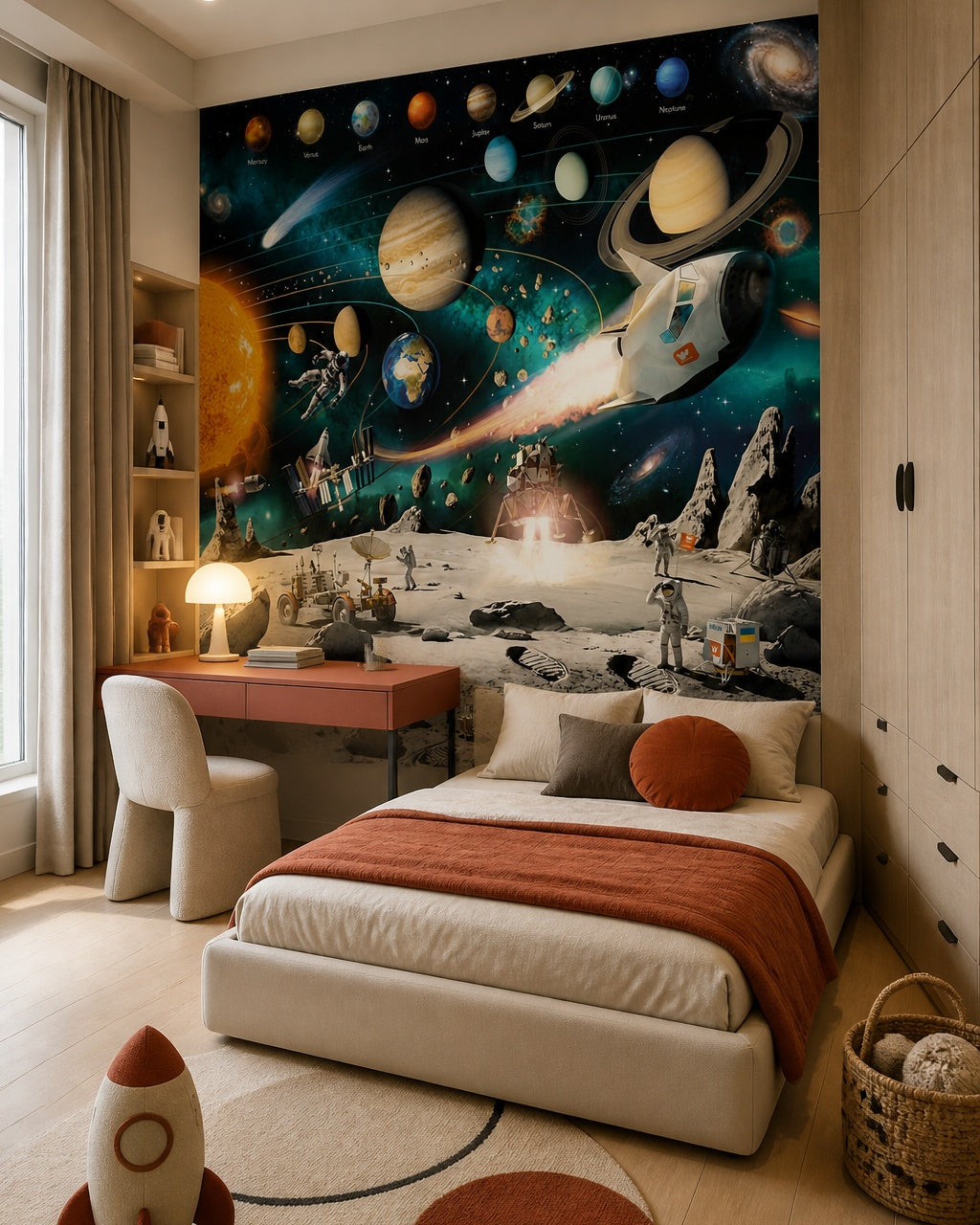 Space adventure kids wallpaper in a teen bedroom.