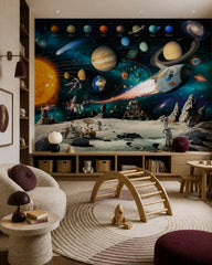 Space adventure kids wallpaper in a kids playroom.