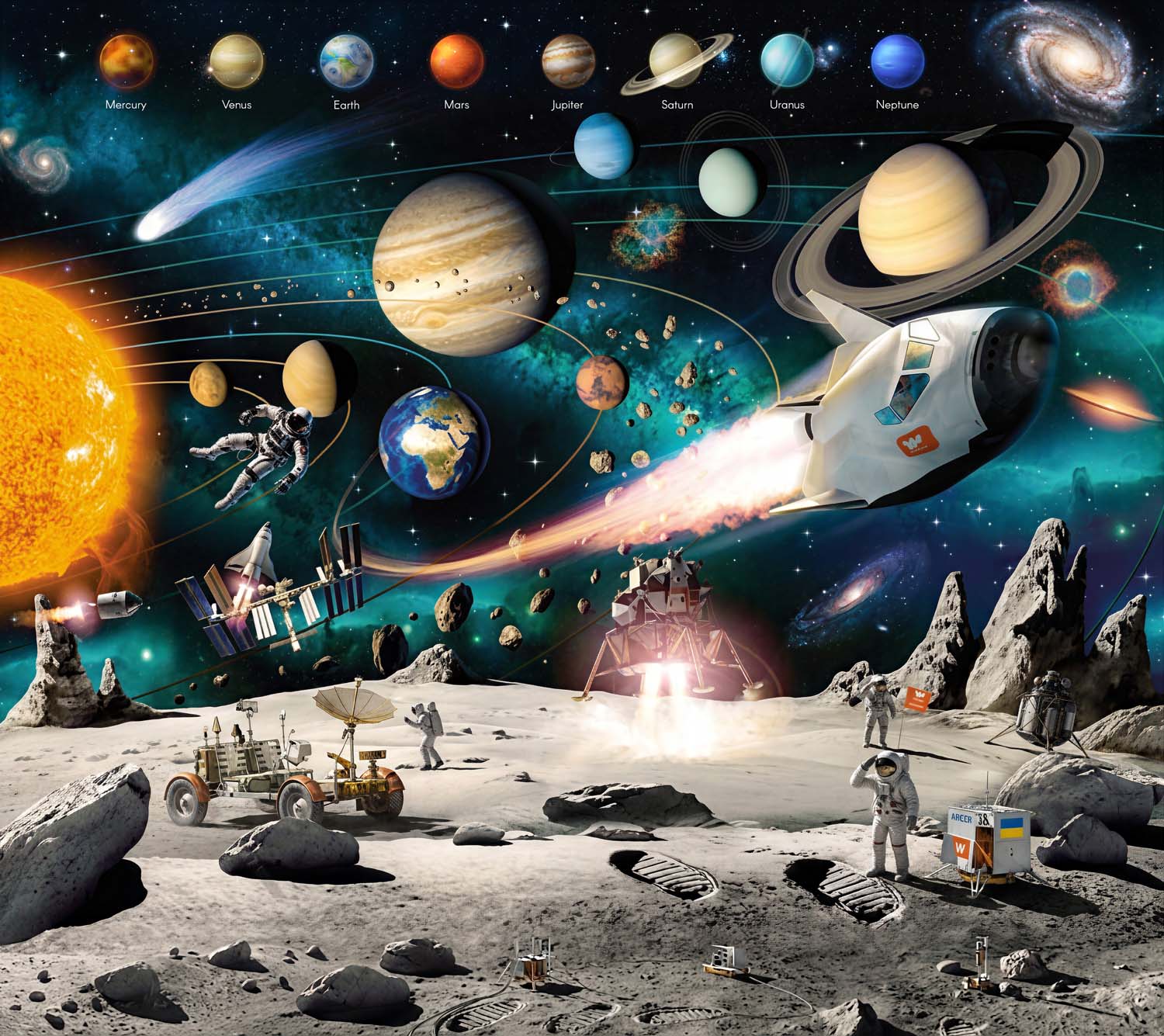 Colorful kids wallpaper with planets, a rocket, astronauts and the moon surface.