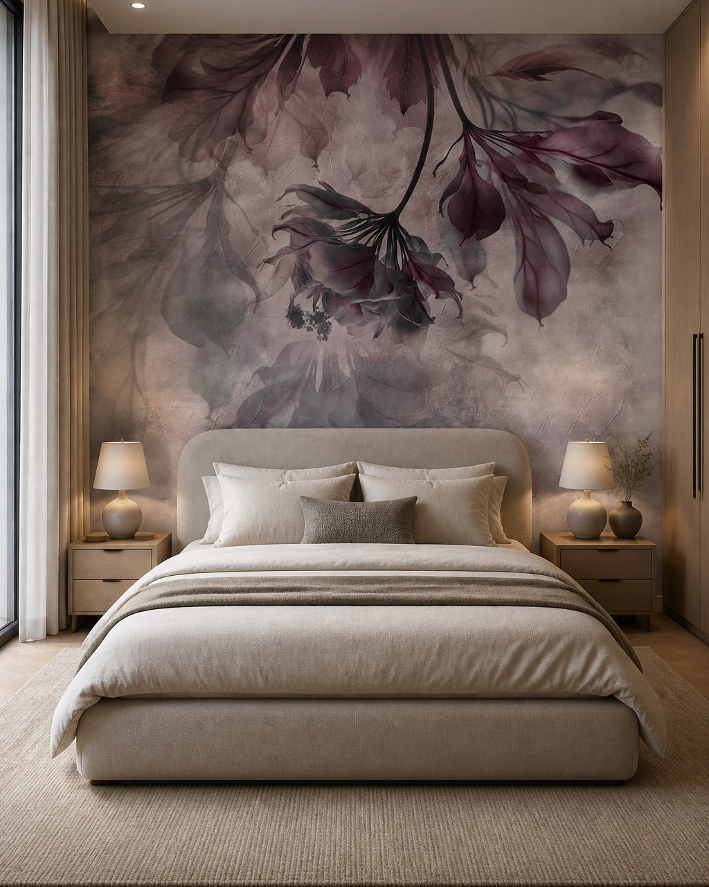 Plum hanging flowers wallpaper in a calm neutral bedroom.