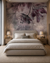 Plum hanging flowers wallpaper in a calm neutral bedroom.
