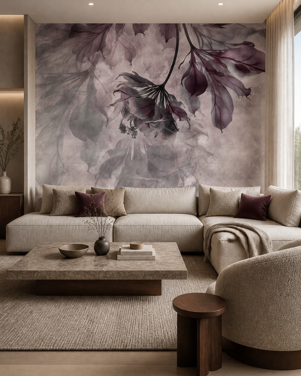 Plum hanging flowers wallpaper in a modern living room.