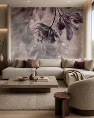 Plum hanging flowers wallpaper in a modern living room.
