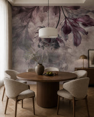 Plum hanging flowers wallpaper in a dining room with a round table.