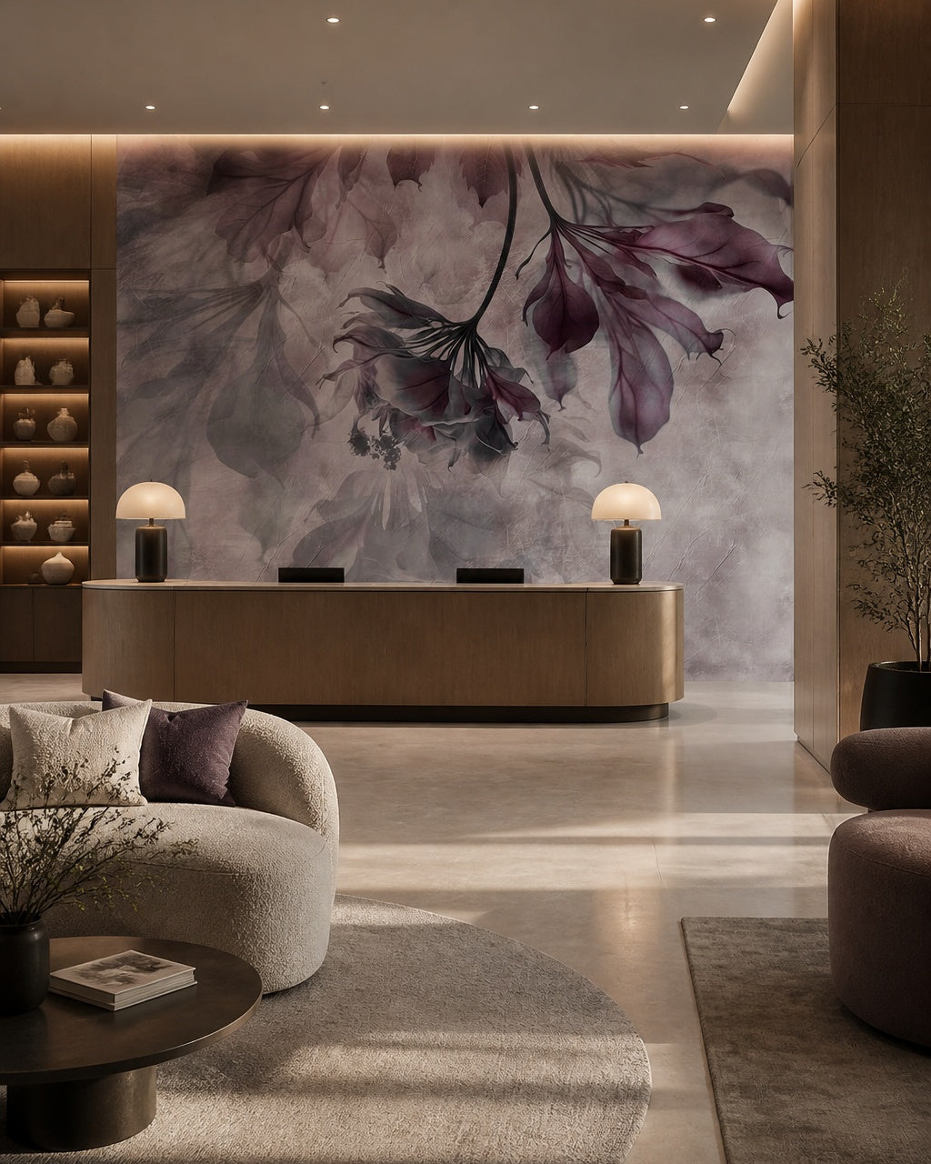 Plum hanging flowers wallpaper in a boutique reception area.