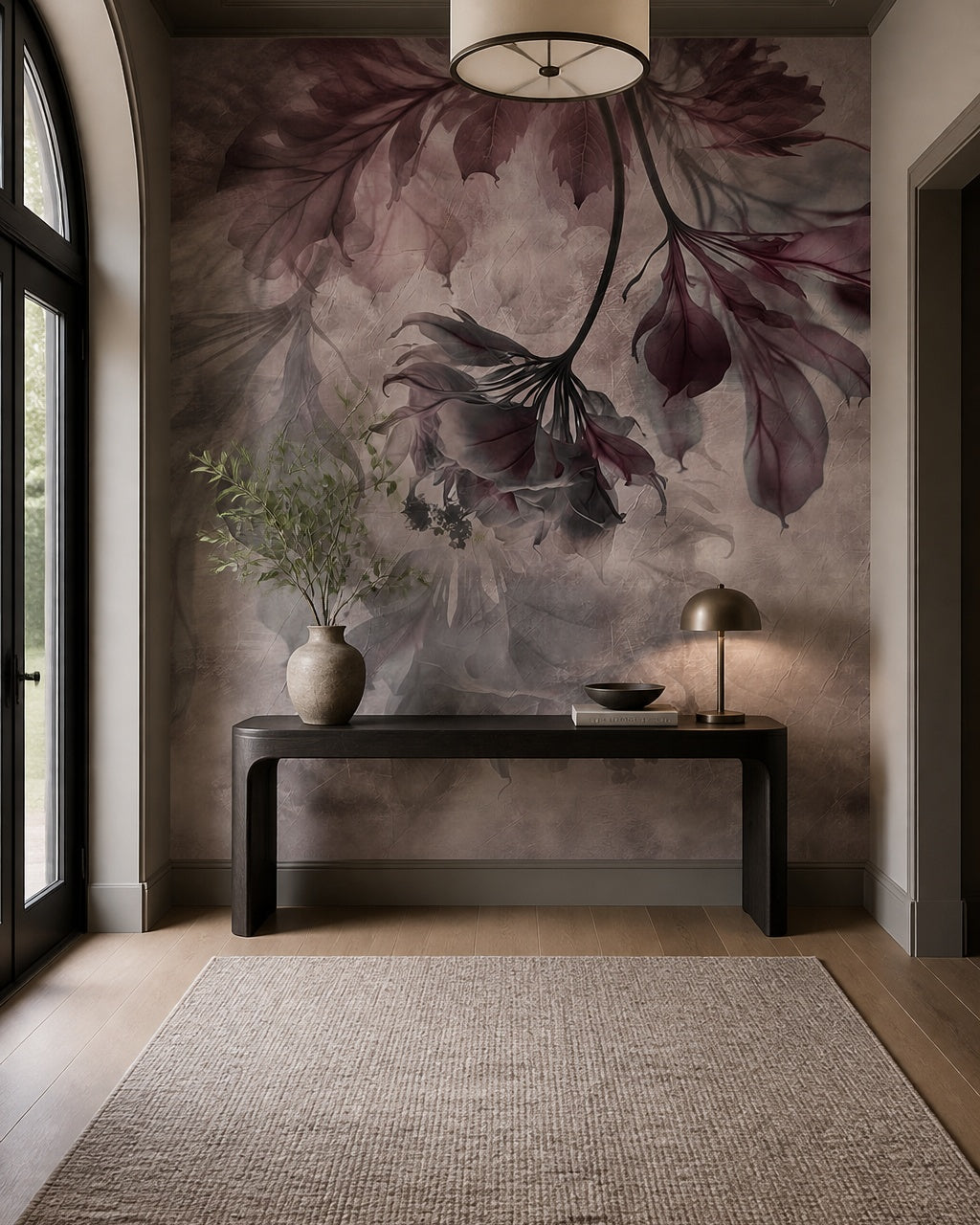 Plum hanging flowers wallpaper in an entryway with a console.