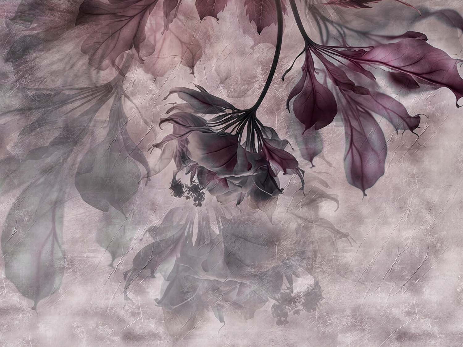 Wallpaper with hanging plum purple flowers and leaves on a soft mauve grey background.