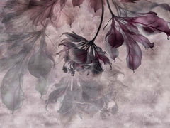Wallpaper with hanging plum purple flowers and leaves on a soft mauve grey background.
