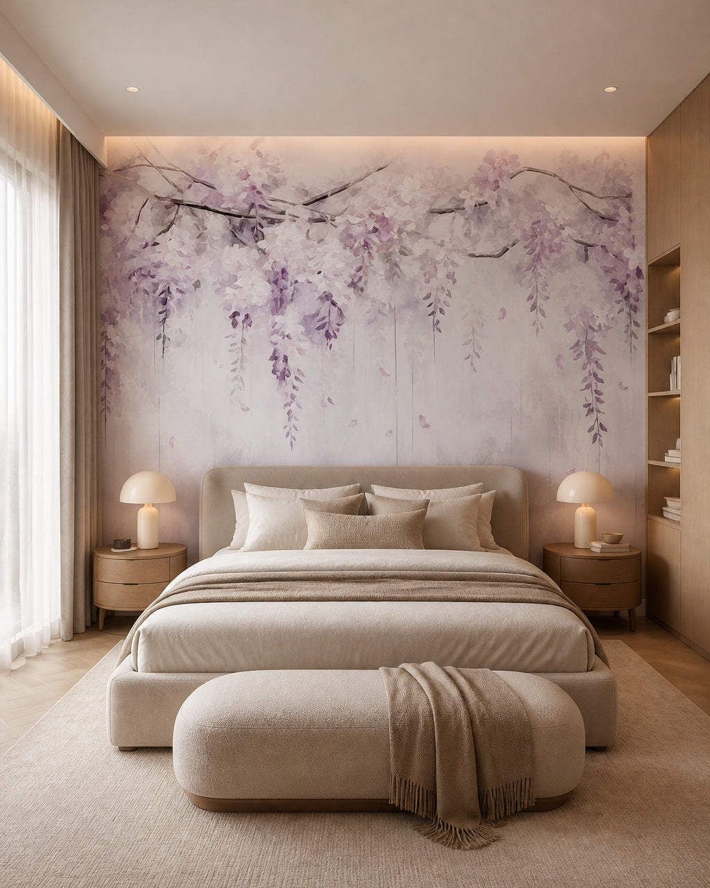 Lilac hanging wisteria wallpaper in a calm neutral bedroom.