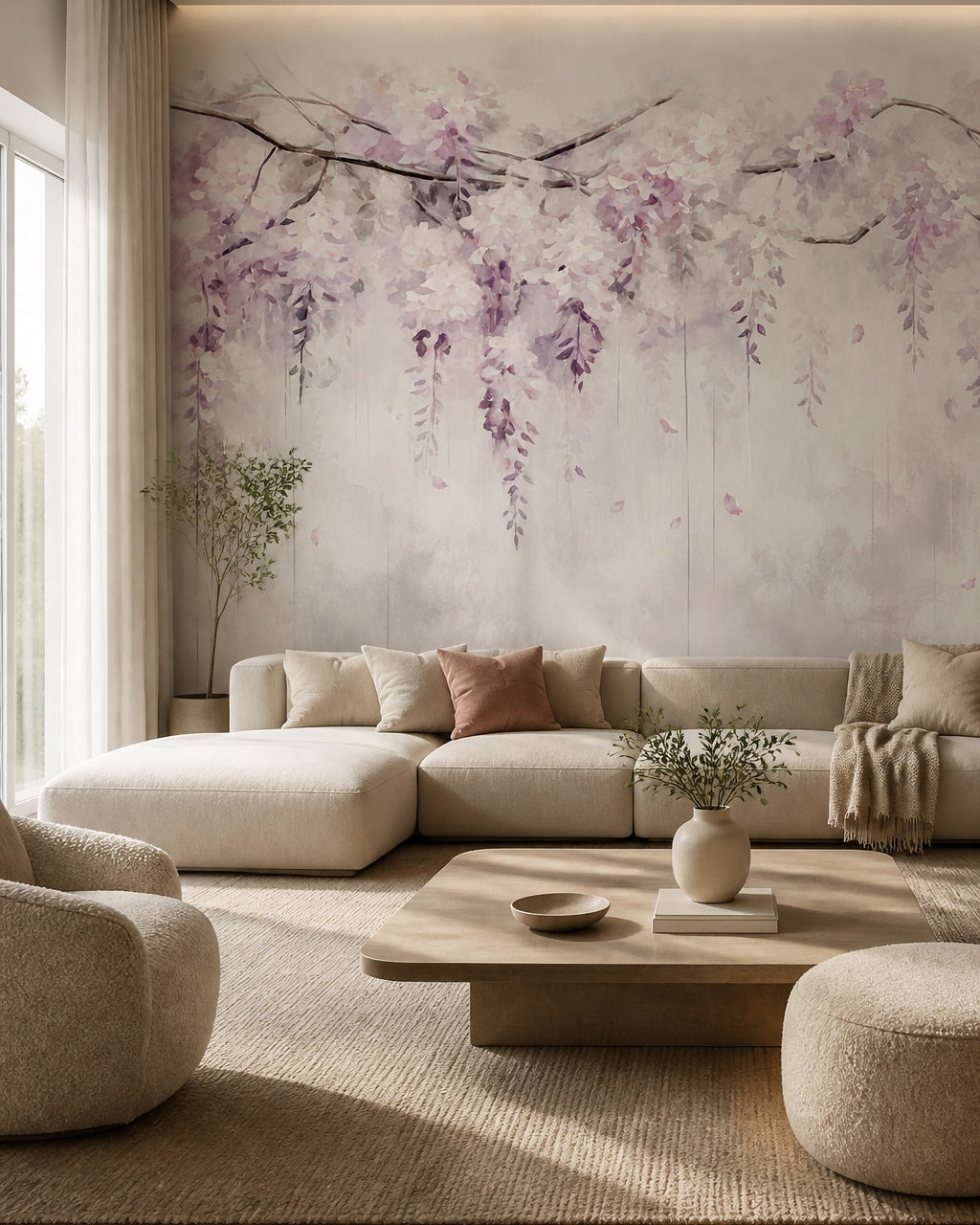 Lilac hanging wisteria wallpaper in a modern living room.