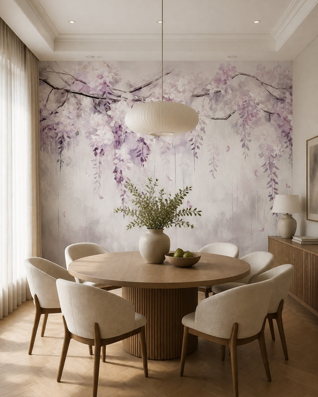 Lilac hanging wisteria wallpaper in a dining room with a round table.