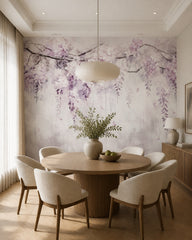 Lilac hanging wisteria wallpaper in a dining room with a round table.