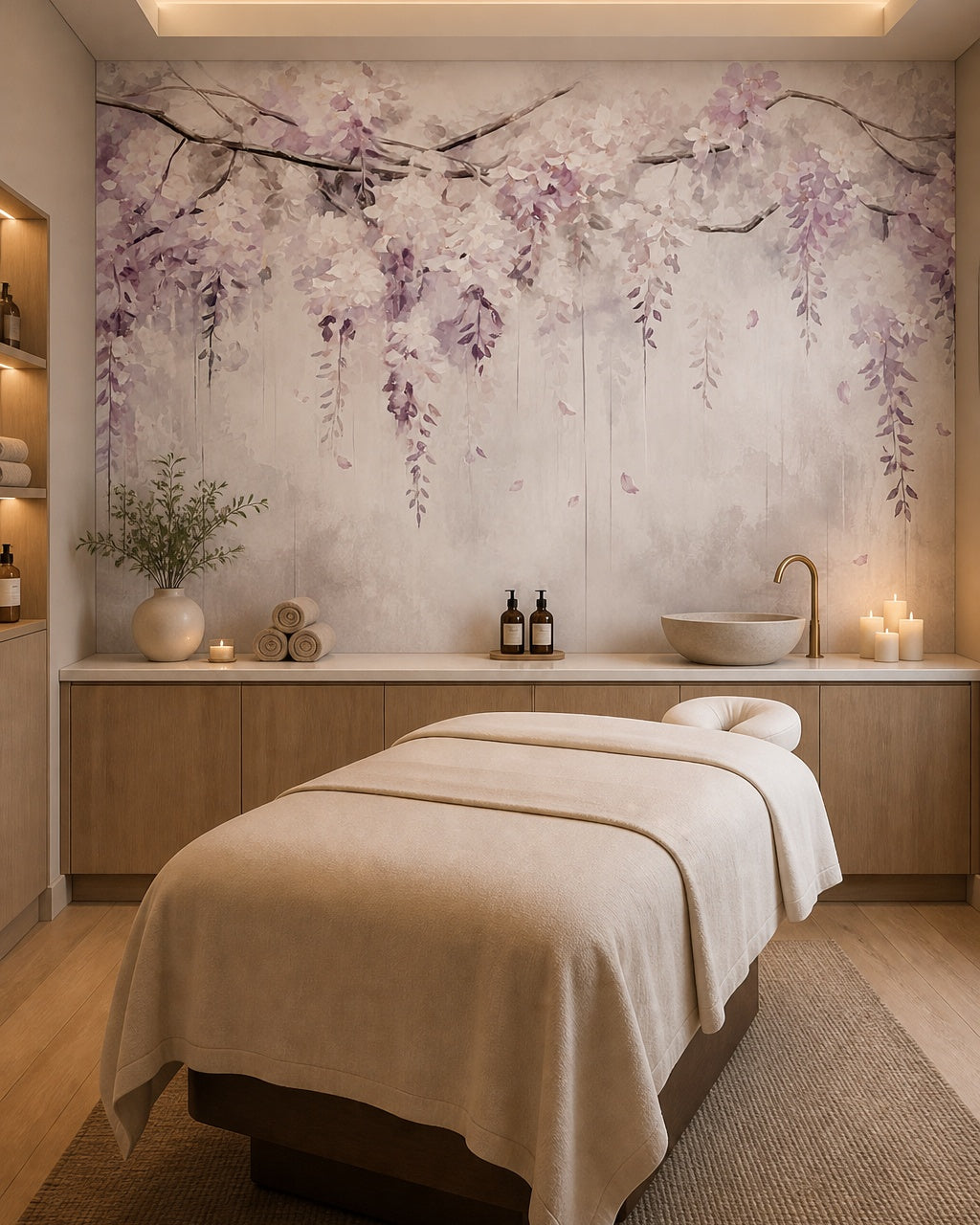 Lilac hanging wisteria wallpaper in a spa treatment room.