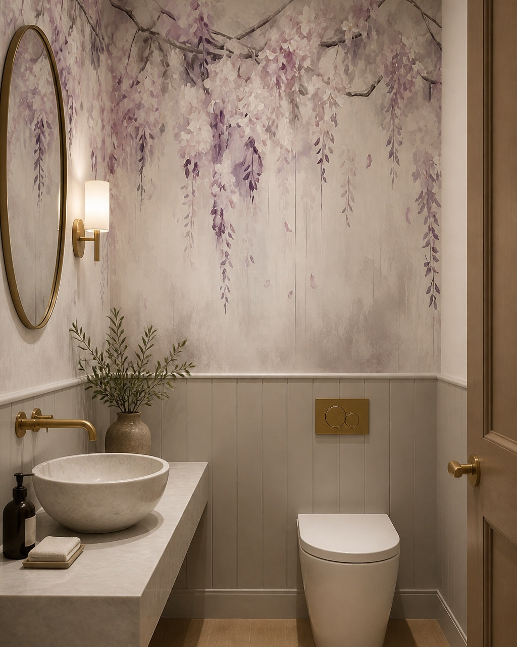 Lilac hanging wisteria wallpaper in a bathroom.