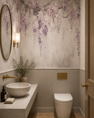 Lilac hanging wisteria wallpaper in a bathroom.