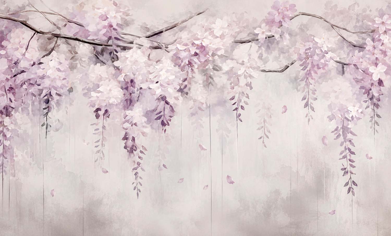 Wallpaper with hanging lilac wisteria blossoms along the top of a soft grey wall.